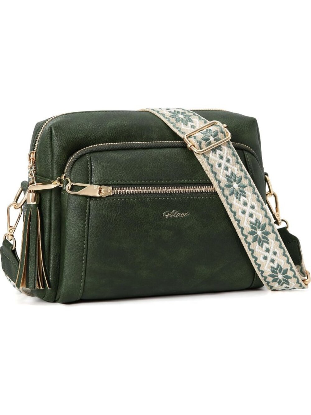 Women's Green Leather Crossbody Bag Anti-Theft Wide Strap Tassel Purse